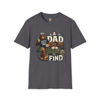 Bigfoot dad t-shirt design featuring a Sasquatch giving a thumbs up wearing is "Squatch Gear" in front of mountains with the phrase "A Dad Like Me Is Hard To Find."