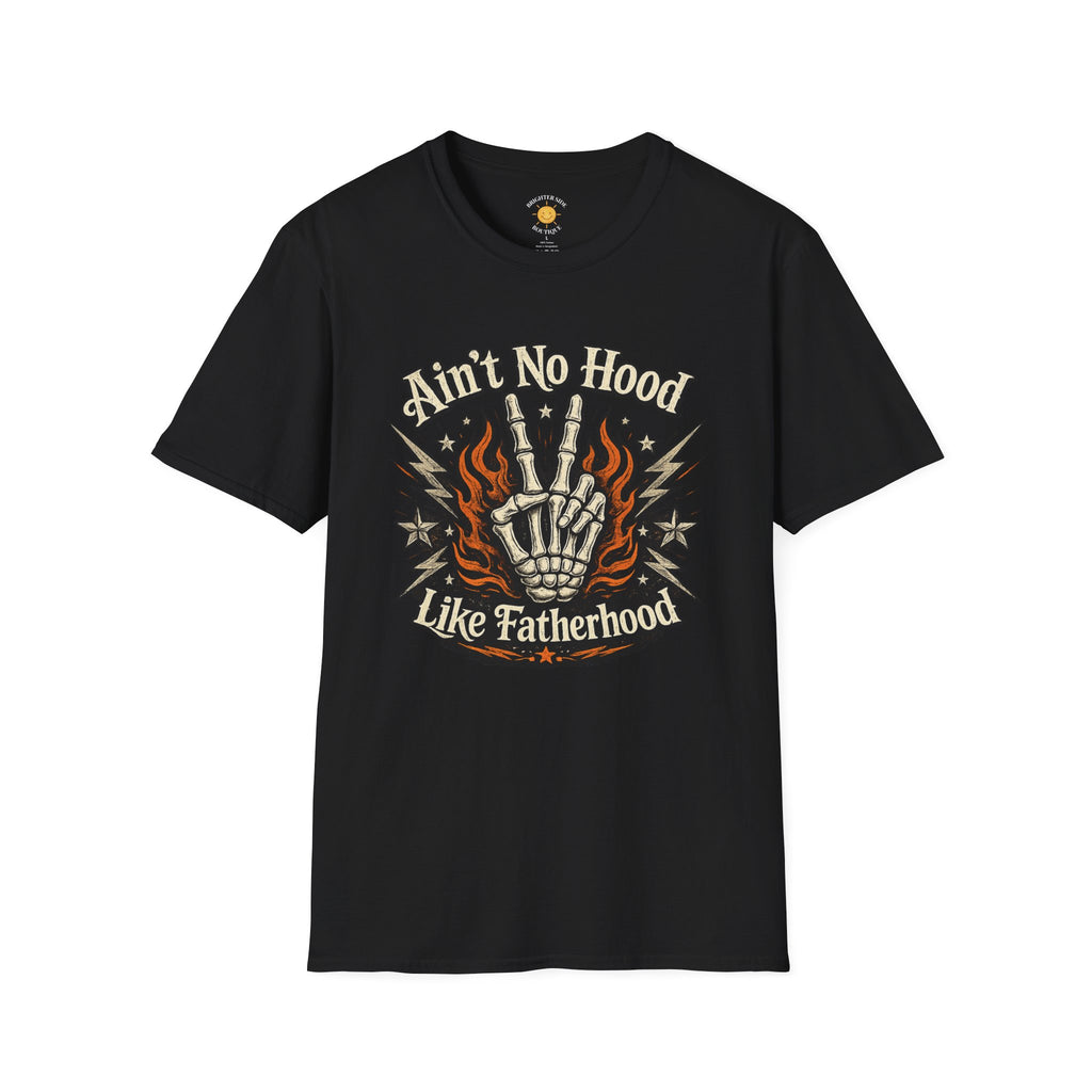 Vintage-style "Ain't No Hood Like Fatherhood" t-shirt design featuring a skeleton hand, flames, stars, and lightning bolts on a dark background.
