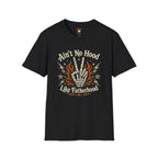 Vintage-style "Ain't No Hood Like Fatherhood" t-shirt design featuring a skeleton hand, flames, stars, and lightning bolts on a dark background.