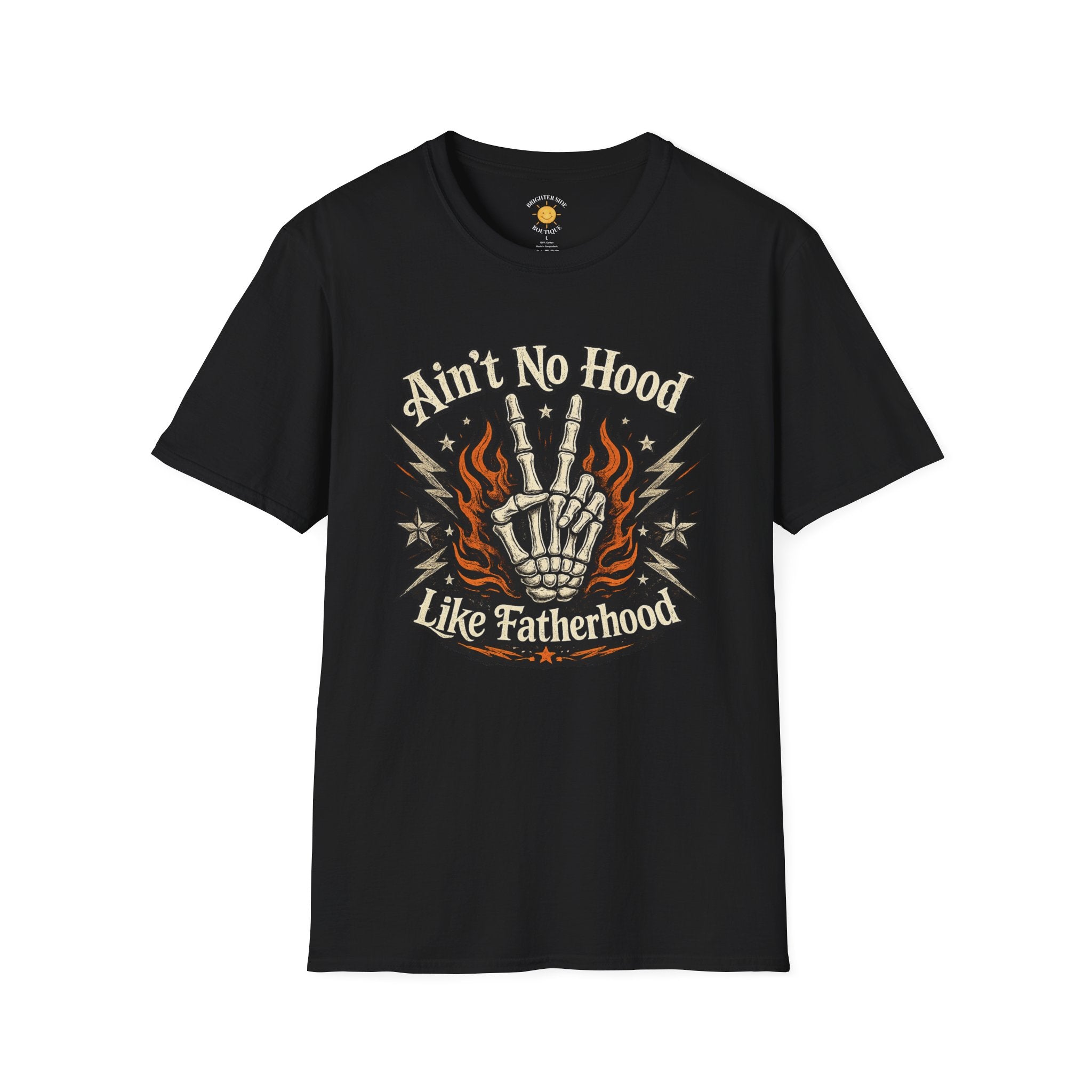 Vintage-style "Ain't No Hood Like Fatherhood" t-shirt design featuring a skeleton hand, flames, stars, and lightning bolts on a dark background.