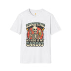 Retro skeleton holding a beer mug with the funny dad quote "Annoying My Kids Is My Cardio" on a vintage sunset background.