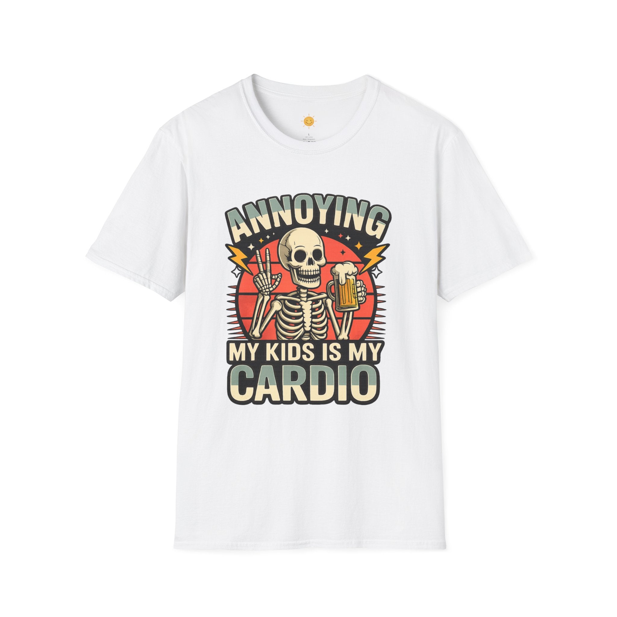 Retro skeleton holding a beer mug with the funny dad quote "Annoying My Kids Is My Cardio" on a vintage sunset background.