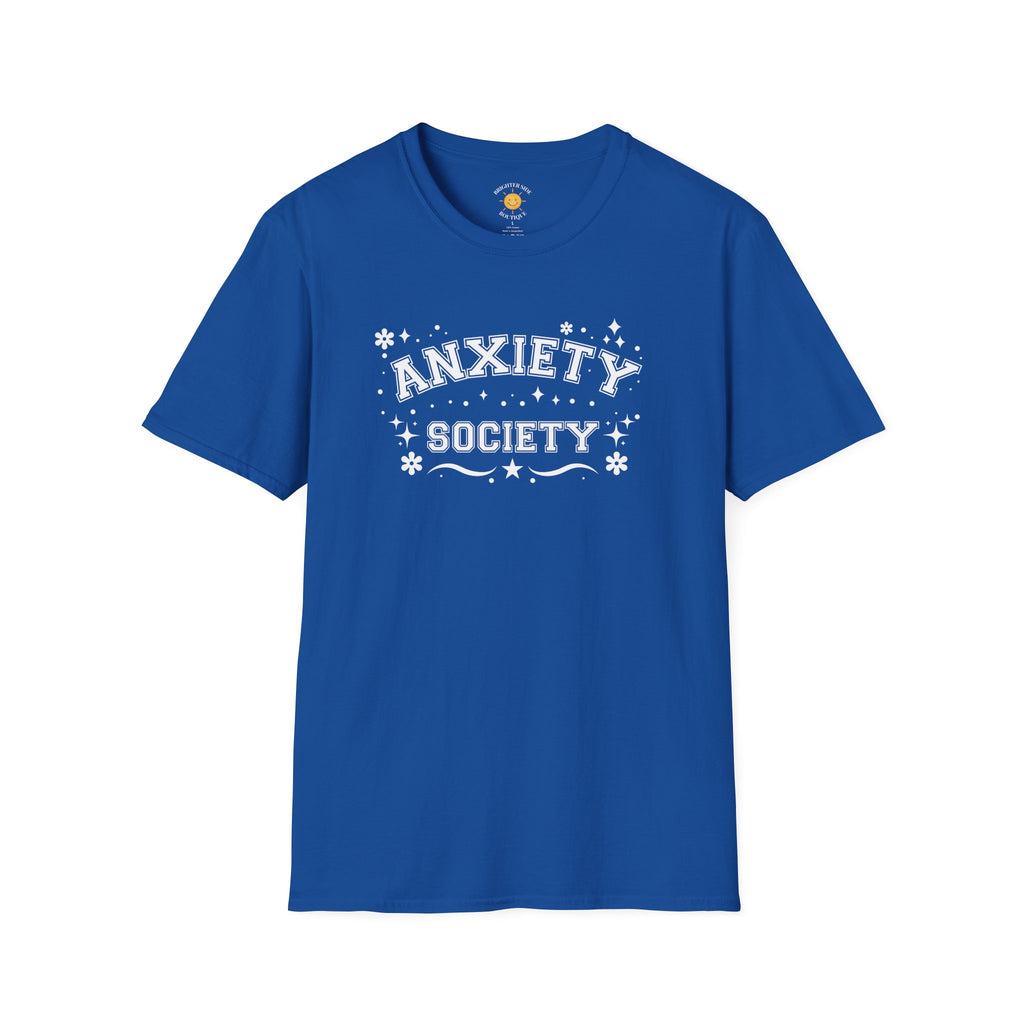 Anxiety Society varsity-style typography design featuring collegiate lettering with decorative stars and floral accents.