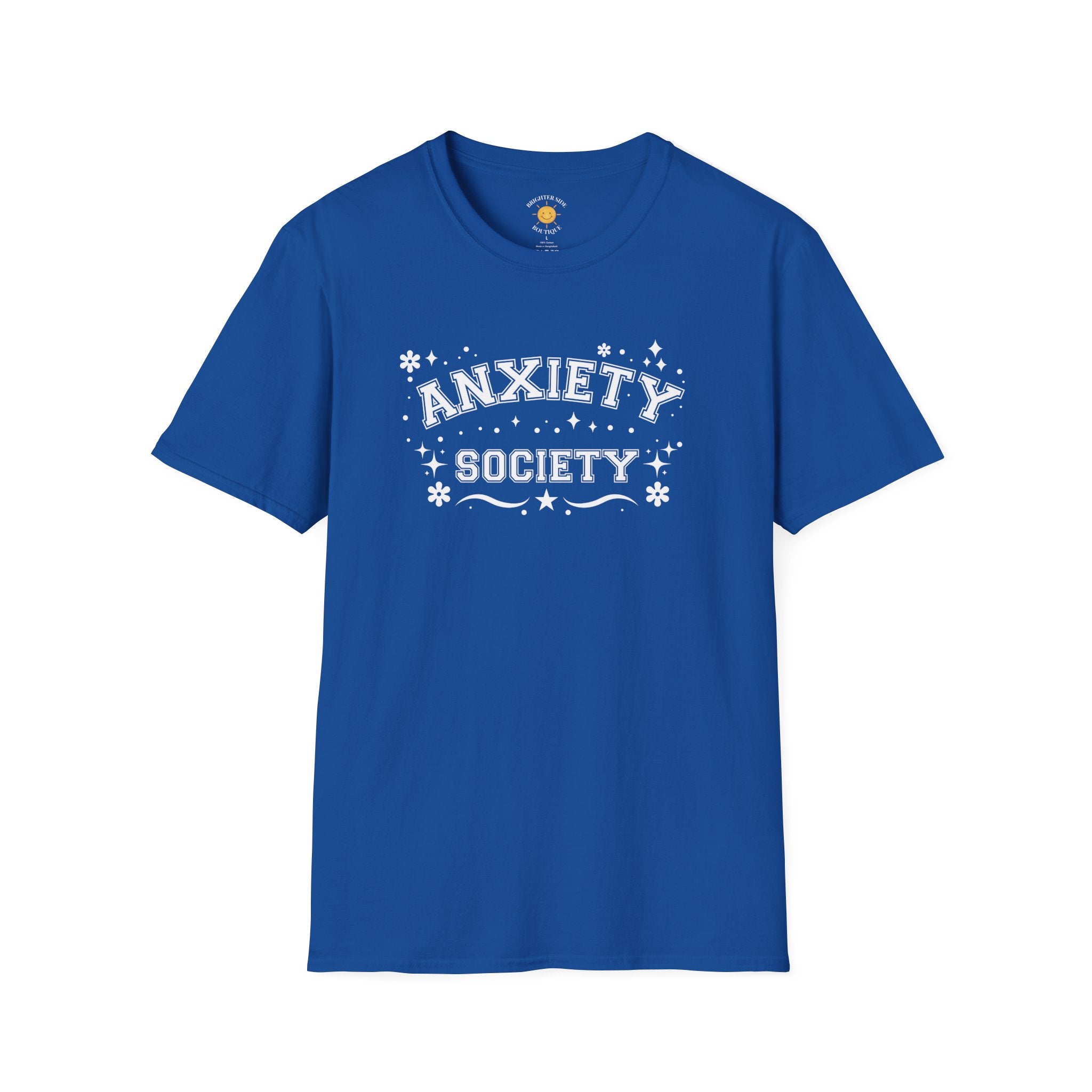 Anxiety Society varsity-style typography design featuring collegiate lettering with decorative stars and floral accents.