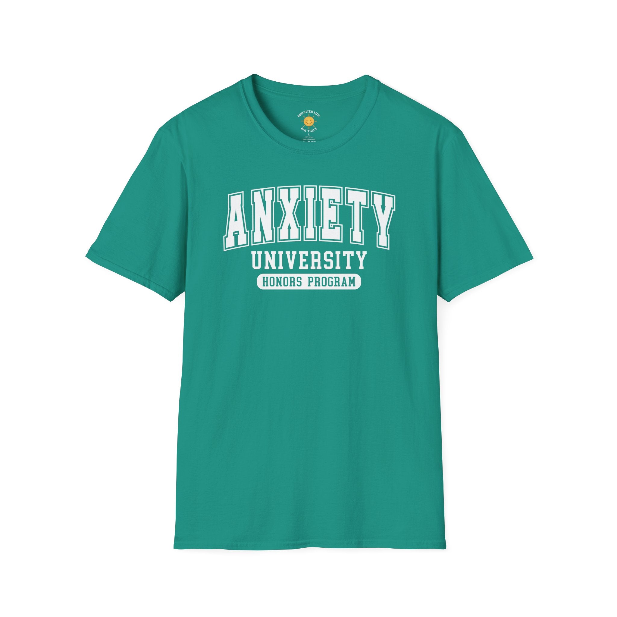 White varsity-style typography reading "Anxiety University Honors Program" on a black background in a collegiate athletic design.