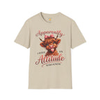 Cute Highland cow with pink bow sticking out its tongue and the phrase "Apparently I Have An Attitude Who Knew" in decorative script lettering.
