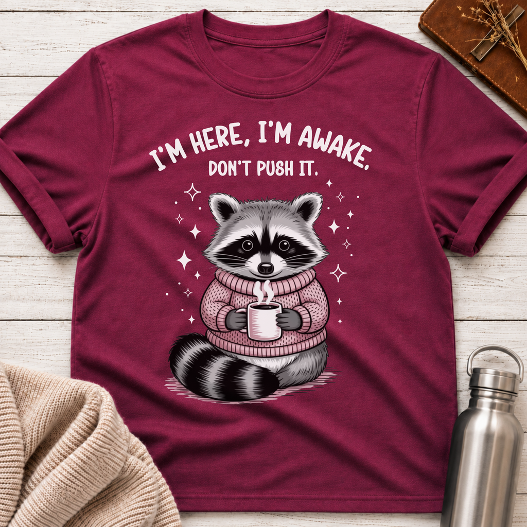 I'm Here, I'm Awake, Don't Push It Raccoon Tee