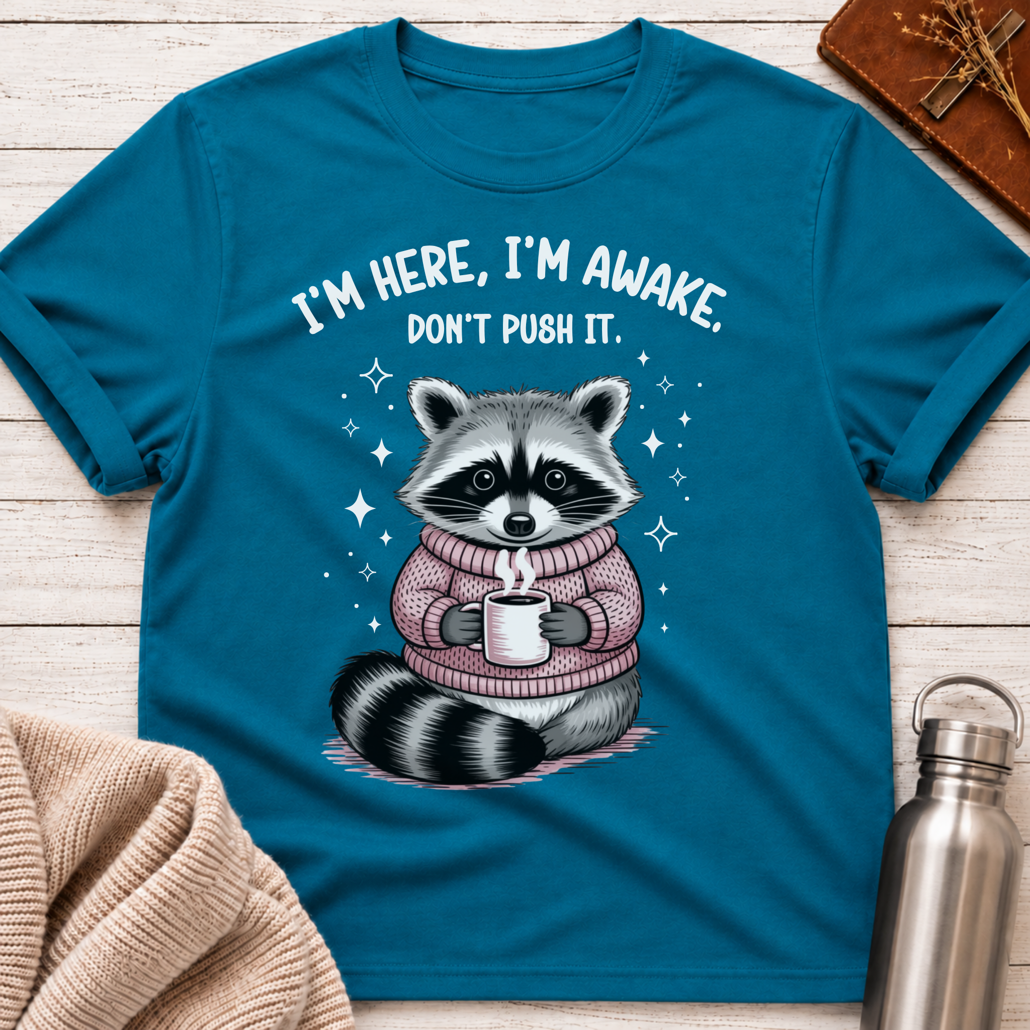 I'm Here, I'm Awake, Don't Push It Raccoon Tee