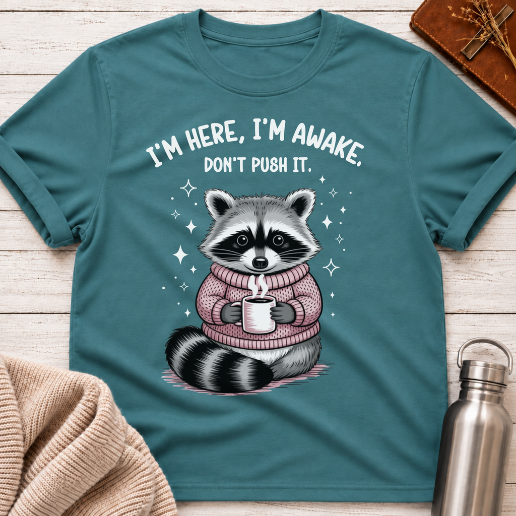 I'm Here, I'm Awake, Don't Push It Raccoon Tee