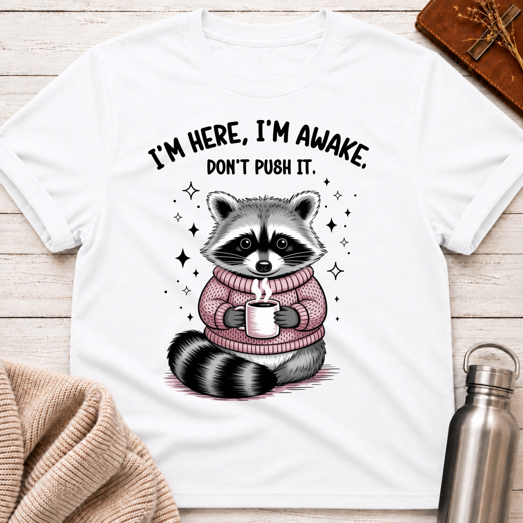 I'm Here, I'm Awake, Don't Push It Raccoon Tee
