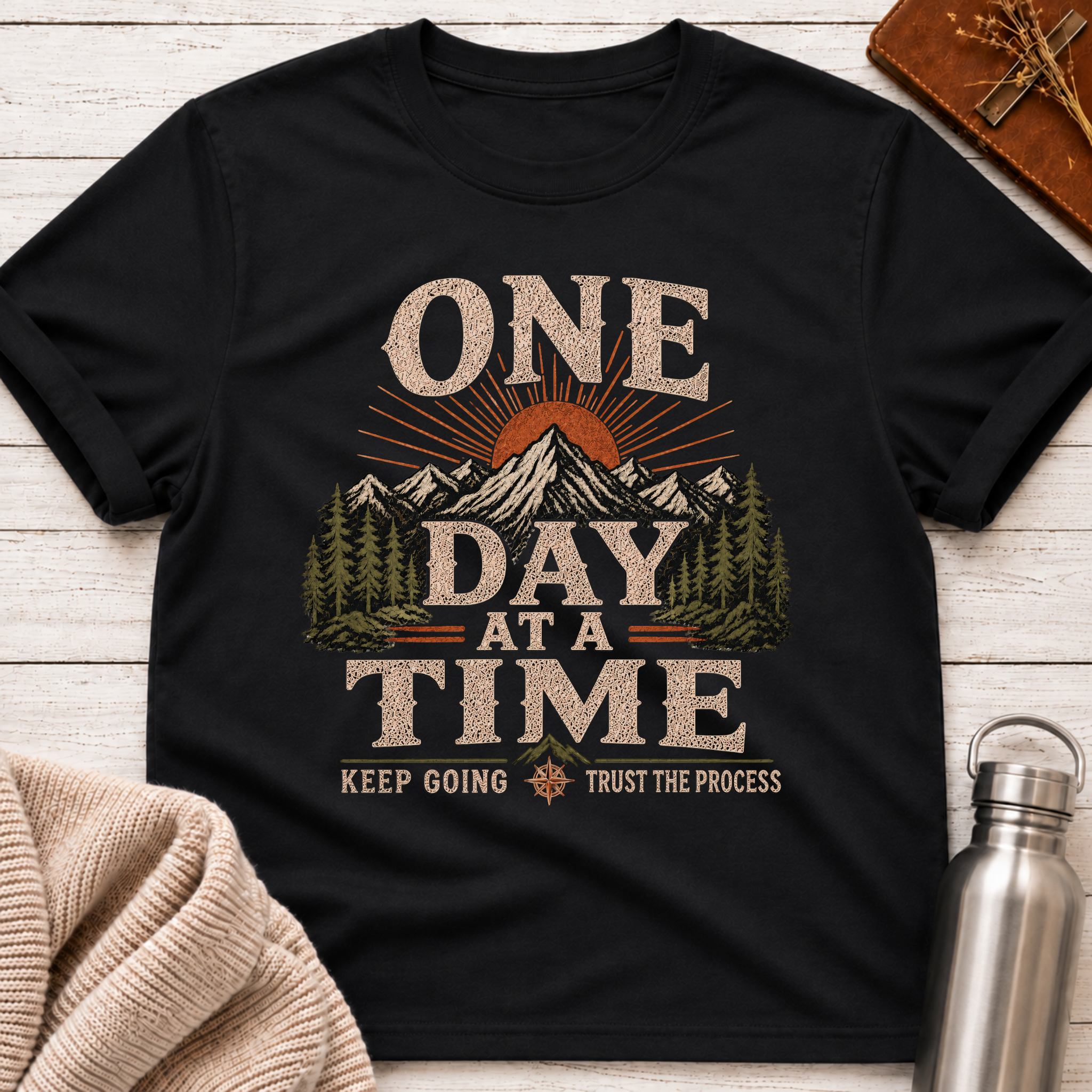 One Day At A Time Mountain Sunrise Inspirational T-Shirt