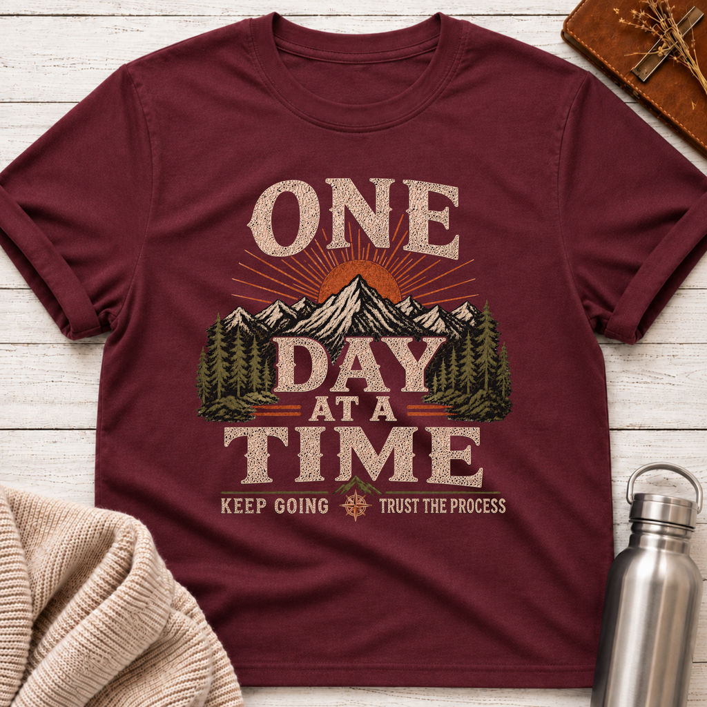 One Day At A Time Mountain Sunrise Inspirational T-Shirt