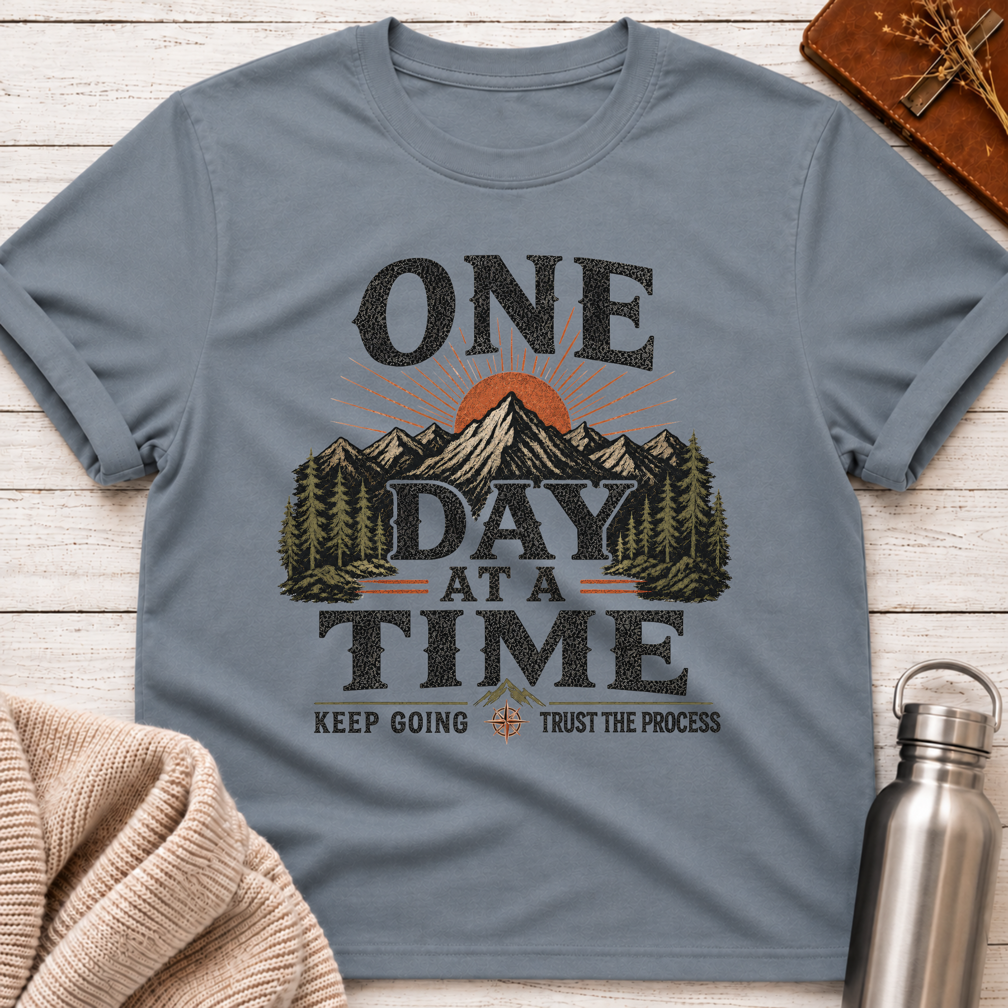 One Day At A Time Mountain Sunrise Inspirational T-Shirt