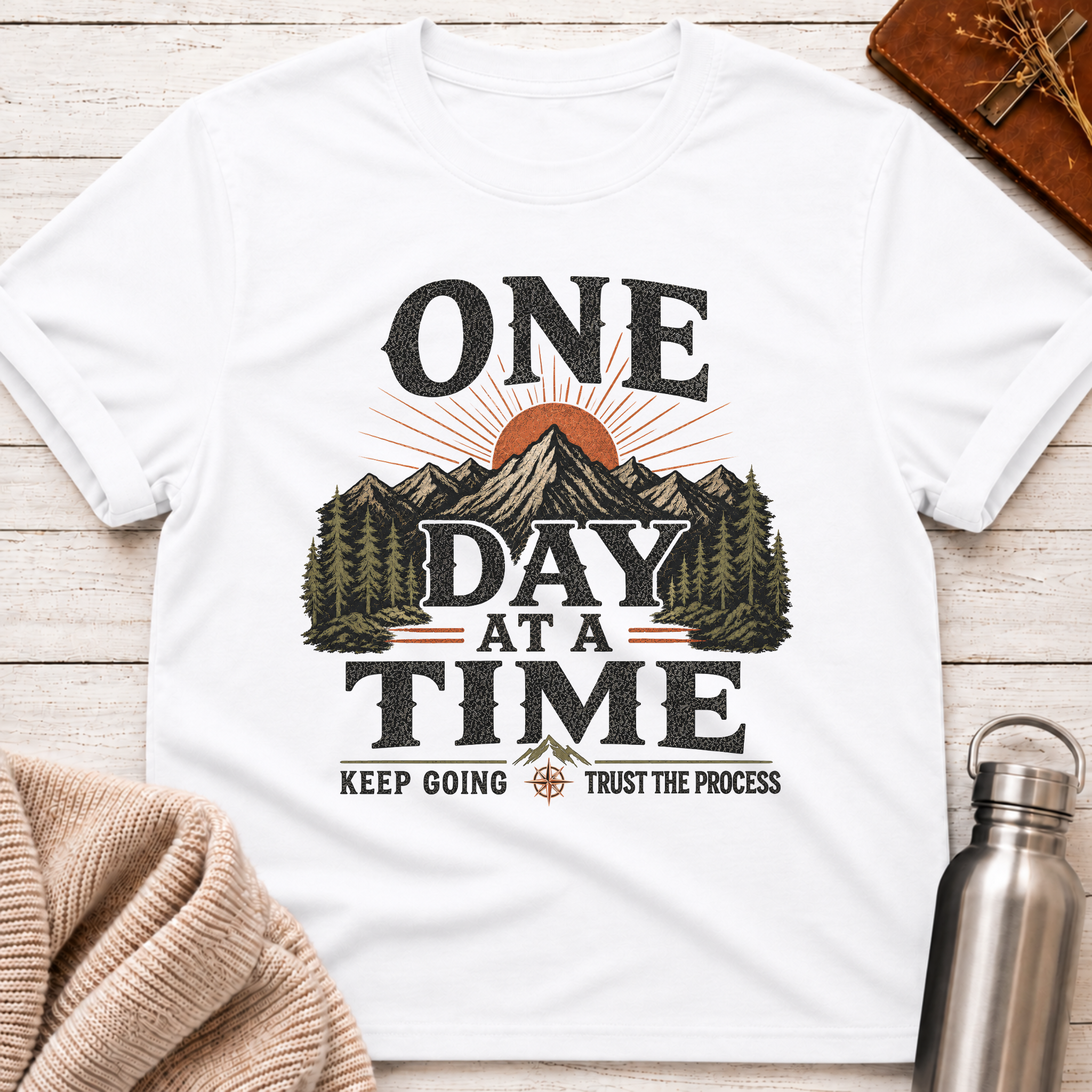 One Day At A Time Mountain Sunrise Inspirational T-Shirt