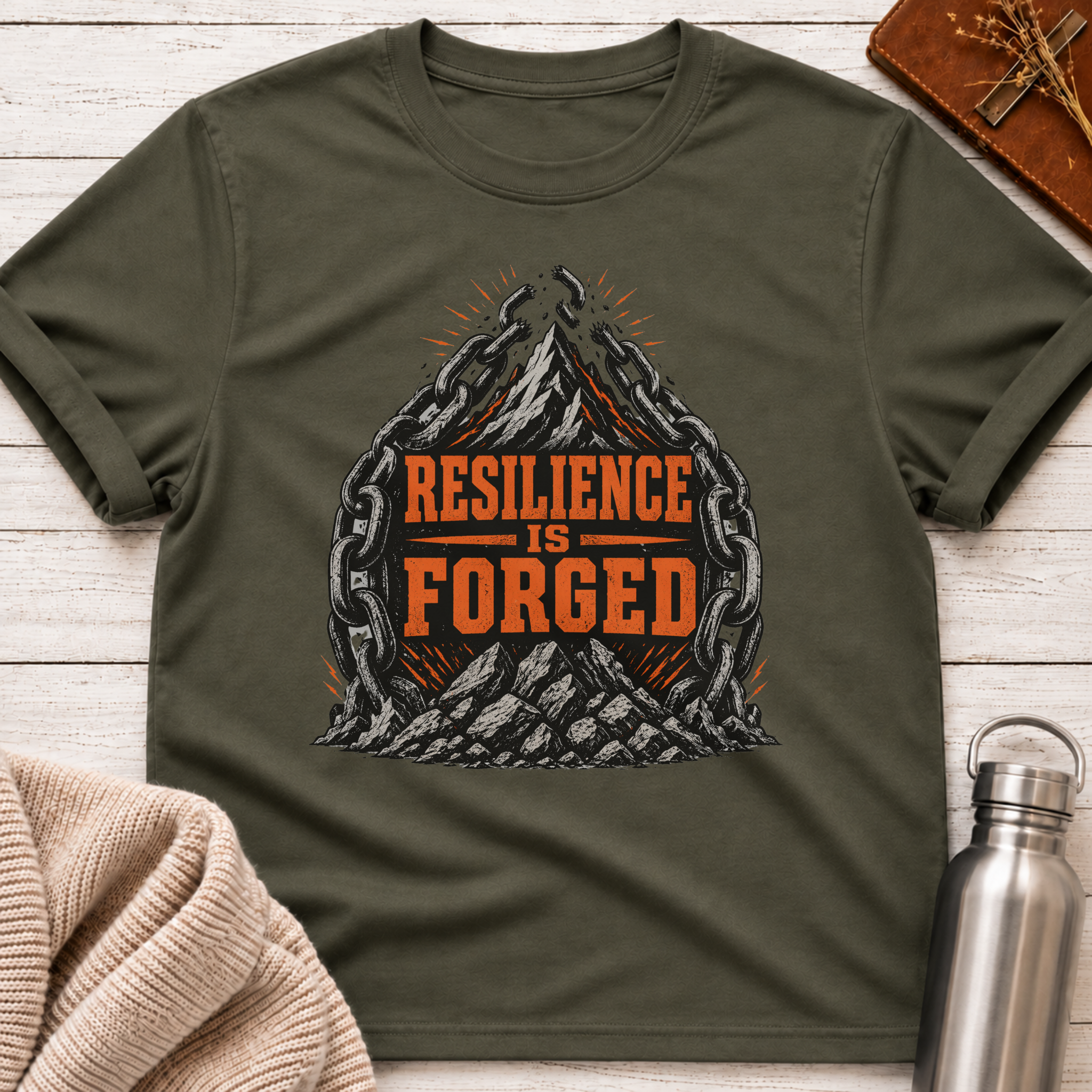 Resilience Is Forged Mountain & Broken Chains Graphic T-Shirt