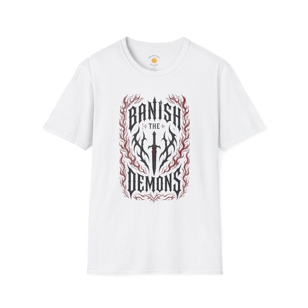 Gothic "Banish The Demons" typography design featuring a battle sword, tribal artwork, and red flames symbolizing strength and perseverance.