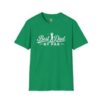 Best Dad By Par t-shirt design featuring a golfer silhouette and golf-themed typography for fathers who love golf.