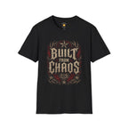 Built From Chaos gothic typography design with distressed lettering, tribal elements, stars, flames, and red accents symbolizing strength through adversity.