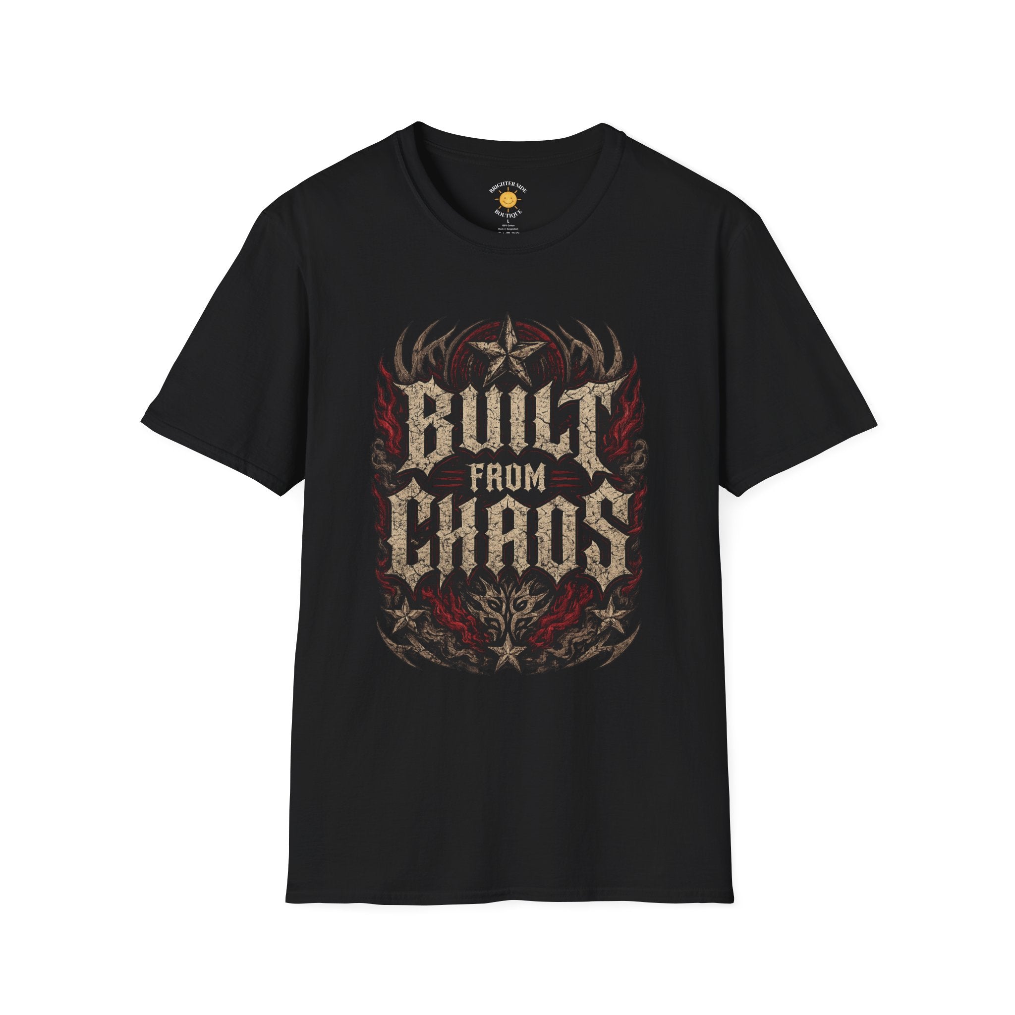 Built From Chaos gothic typography design with distressed lettering, tribal elements, stars, flames, and red accents symbolizing strength through adversity.