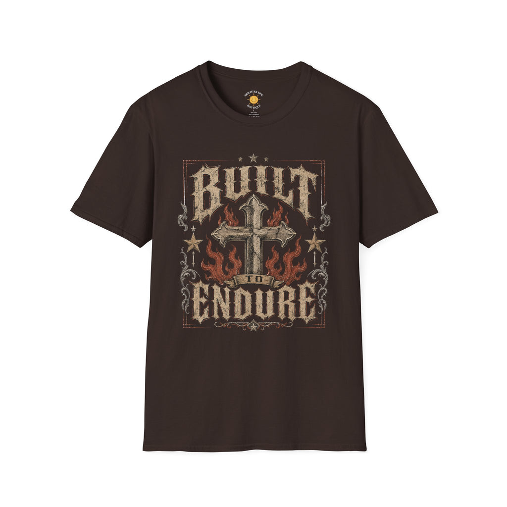 Distressed gothic "Built To Endure" typography with a weathered cross, flames, stars, and vintage ornamental details symbolizing strength and perseverance.