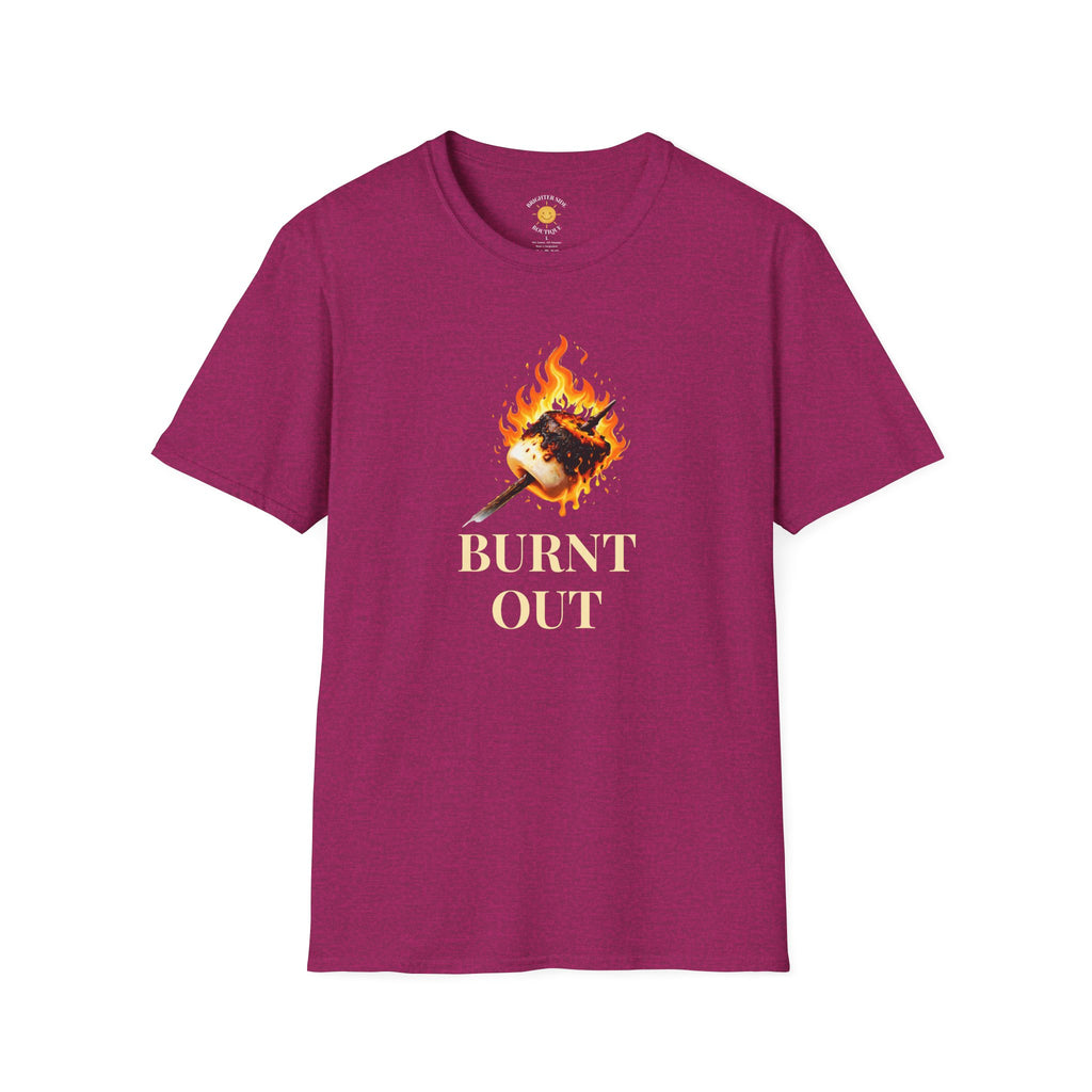 Flaming roasted marshmallow on a stick with the words “Burnt Out” in bold cream lettering on a black background.