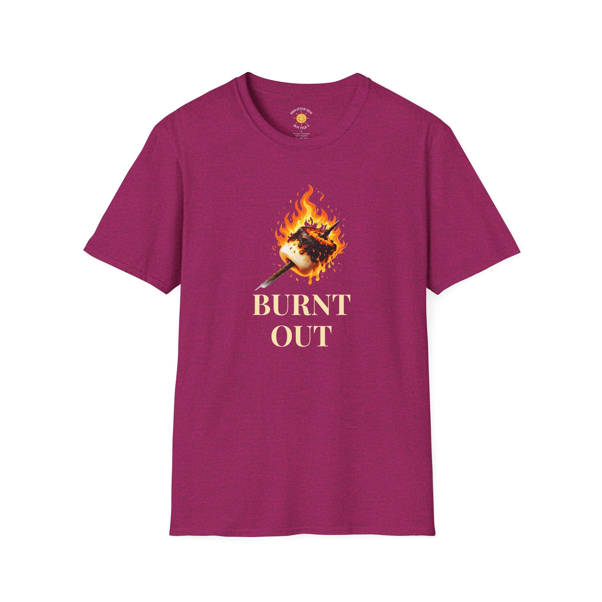 Flaming roasted marshmallow on a stick with the words “Burnt Out” in bold cream lettering on a black background.
