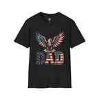 atriotic Dad t-shirt design featuring a bald eagle with American flag wings above distressed USA-style DAD lettering.