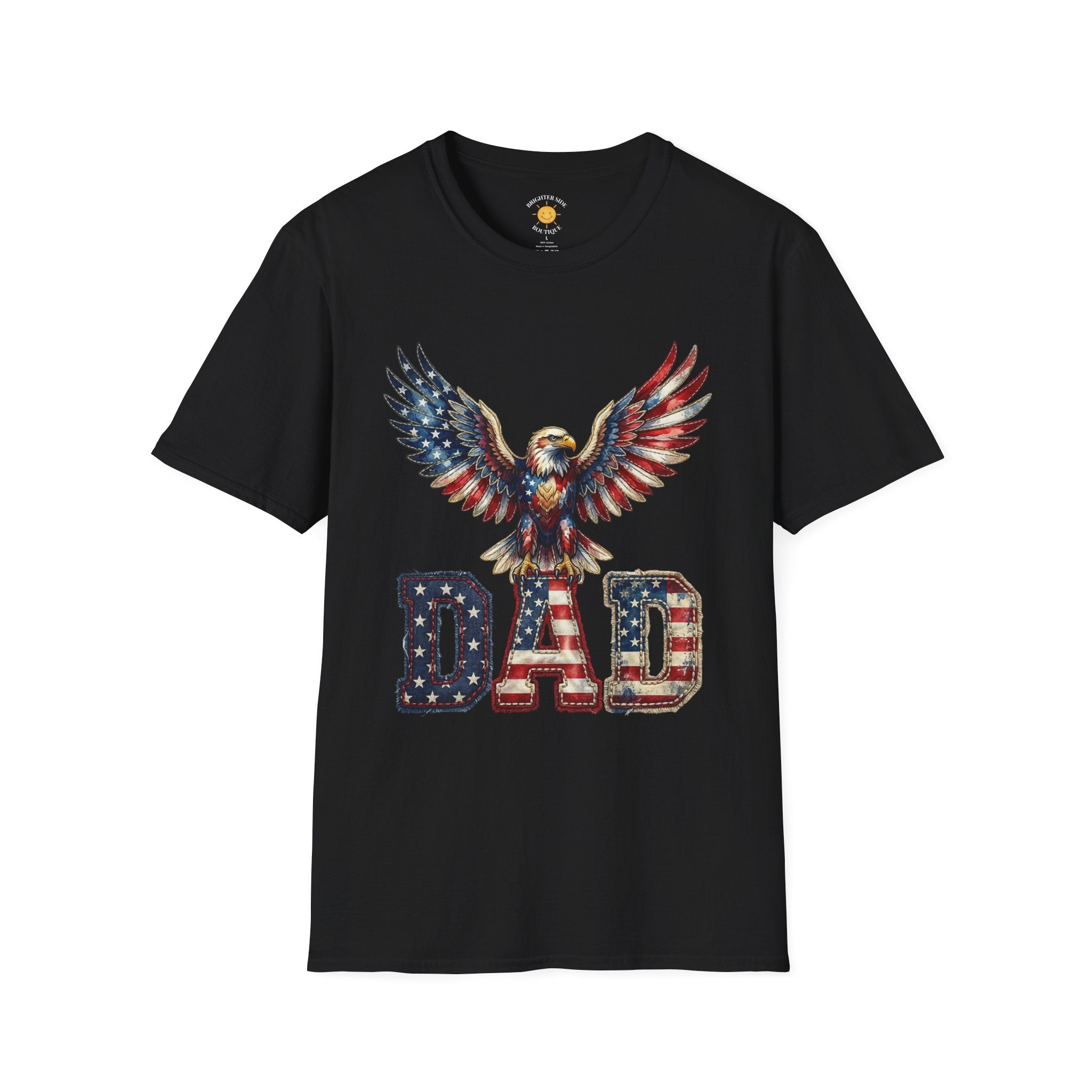atriotic Dad t-shirt design featuring a bald eagle with American flag wings above distressed USA-style DAD lettering.