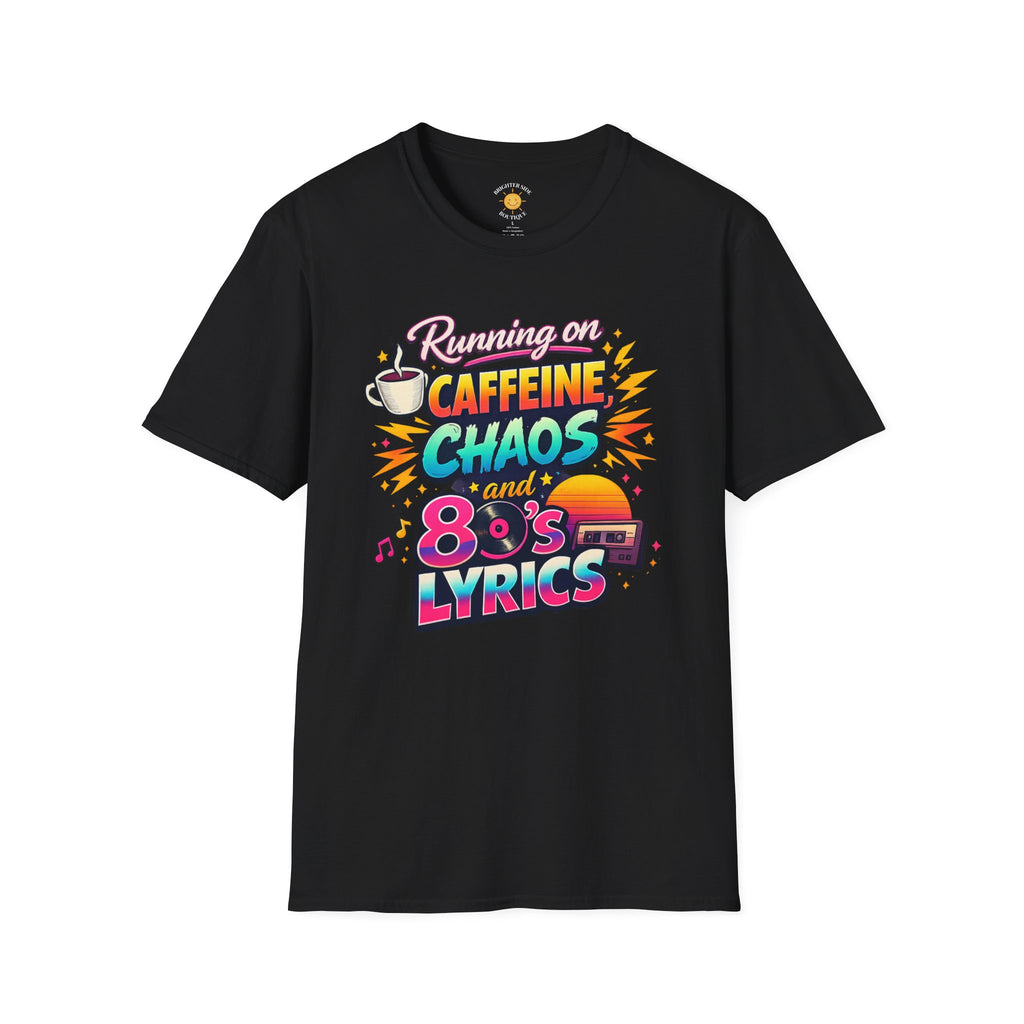 Retro typography design reading "Running on Caffeine, Chaos and 80's Lyrics" with coffee cup, vinyl record, cassette tape, neon sunset, music notes, and colorful 1980s-inspired graphics.