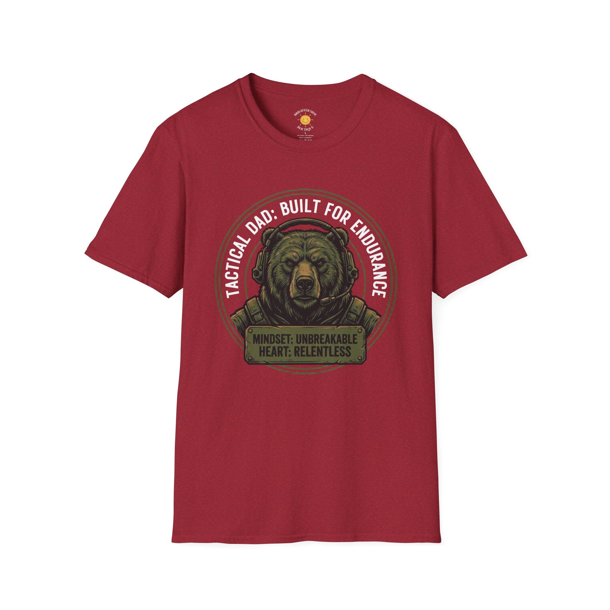 Tactical Dad bear graphic wearing a headset with the phrases "Built For Endurance," "Mindset: Unbreakable," and "Heart: Relentless."