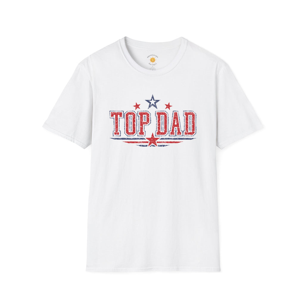 Bold red, white, and blue "Top Dad" typography design featuring patriotic stars and Americana-inspired graphics.