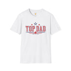 Bold red, white, and blue "Top Dad" typography design featuring patriotic stars and Americana-inspired graphics.