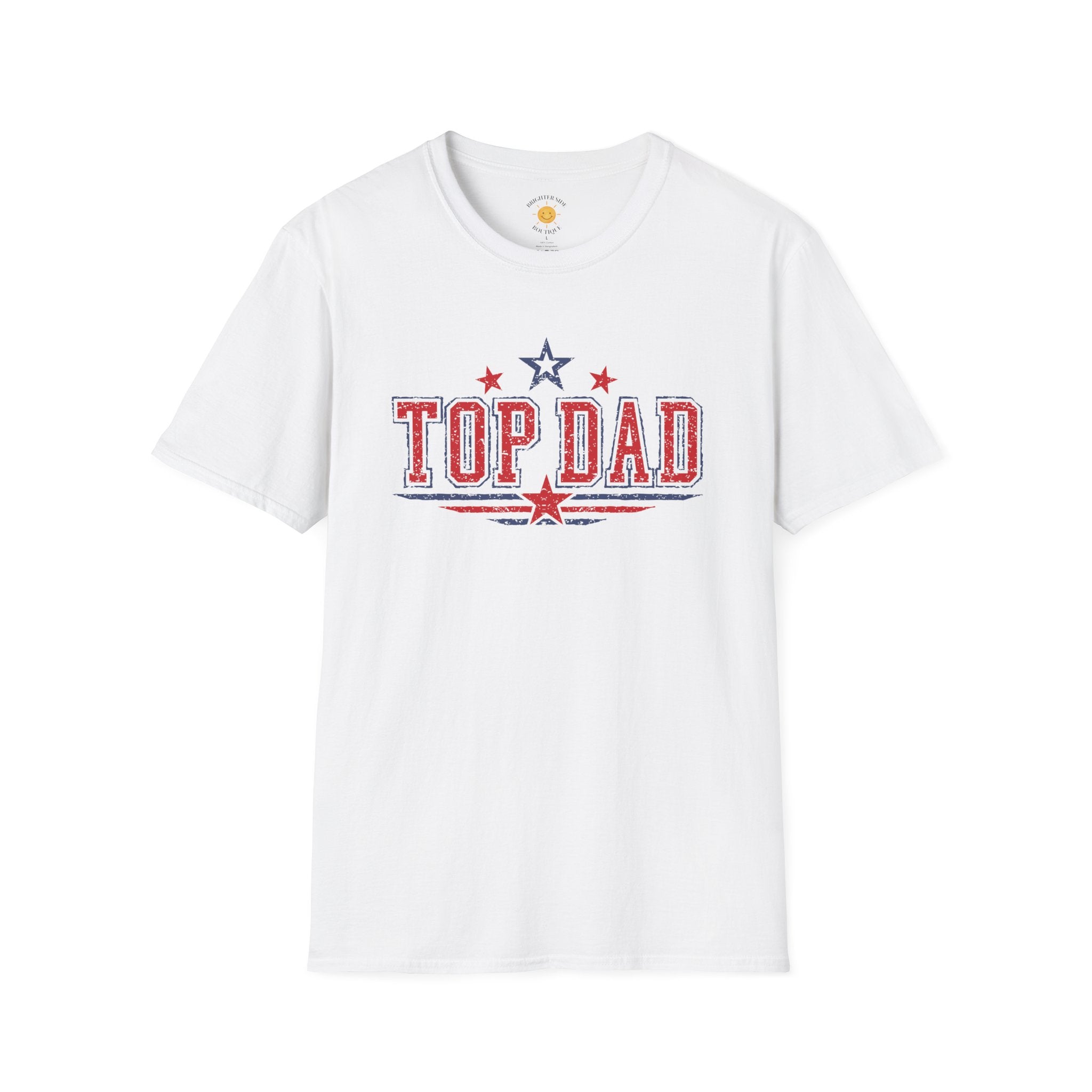 Bold red, white, and blue "Top Dad" typography design featuring patriotic stars and Americana-inspired graphics.